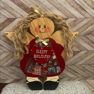 Vintage Handmade‎ Wooden Angel W/Jute Hair Folk Art Country Decor Signed 1996